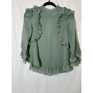 H&M Women's Ruffled Granny Core Sea Green Opaque Blouse 3/4 Sleeve Size 8